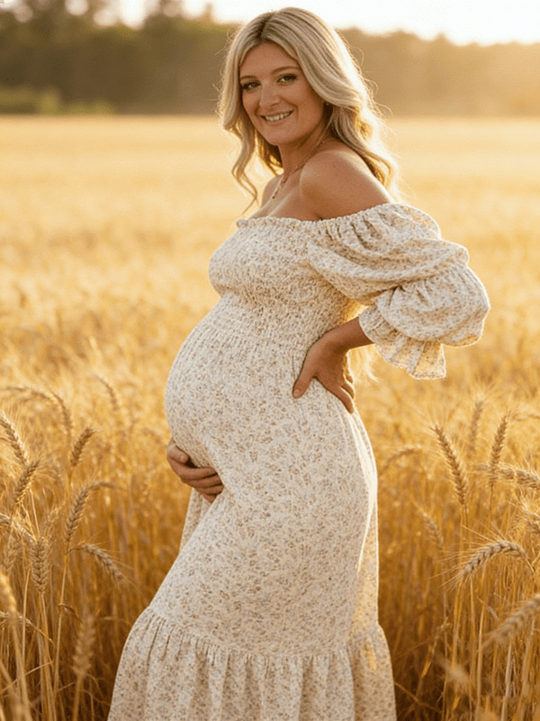 Momyknows Ruffle Ruched High Waist Puff Sleeve Cute Photoshoot Western Maternity Maxi Dress, Red / S