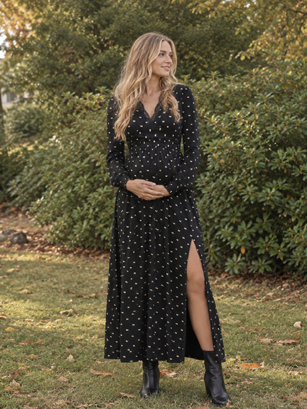 Black Lace Bowknot Side Slit Photoshoot Maternity Maxi Dress