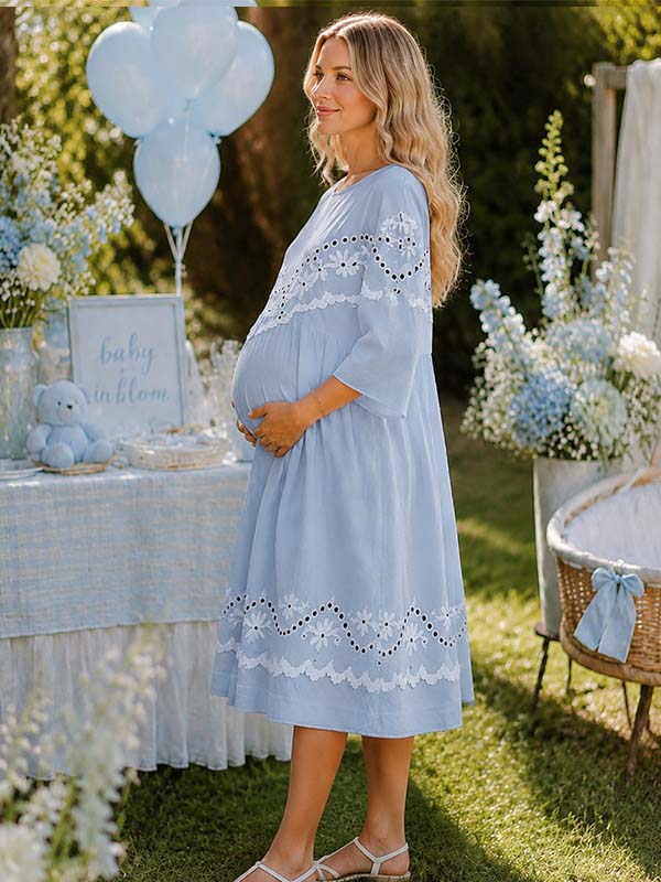 Momyknows Light Blue Knitwear Ruffle Floral Embroidery Maternity Baby Shower Midi Dress - Light Blue - 2