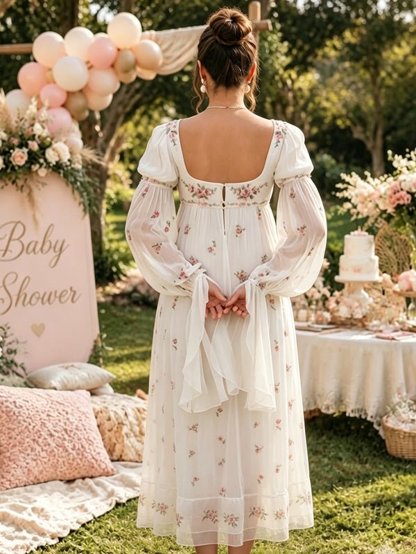 Momyknows Rice White Ruched High Waisted Open Back Flare Sleeve Embroidery Baby Shower Maxi Dress - Rice White - 3