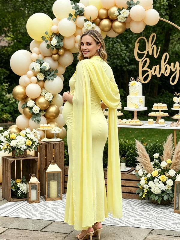 Yellow Chiffon Maternity Dress with Cape Design and Ruffle Details and Fitted Fit