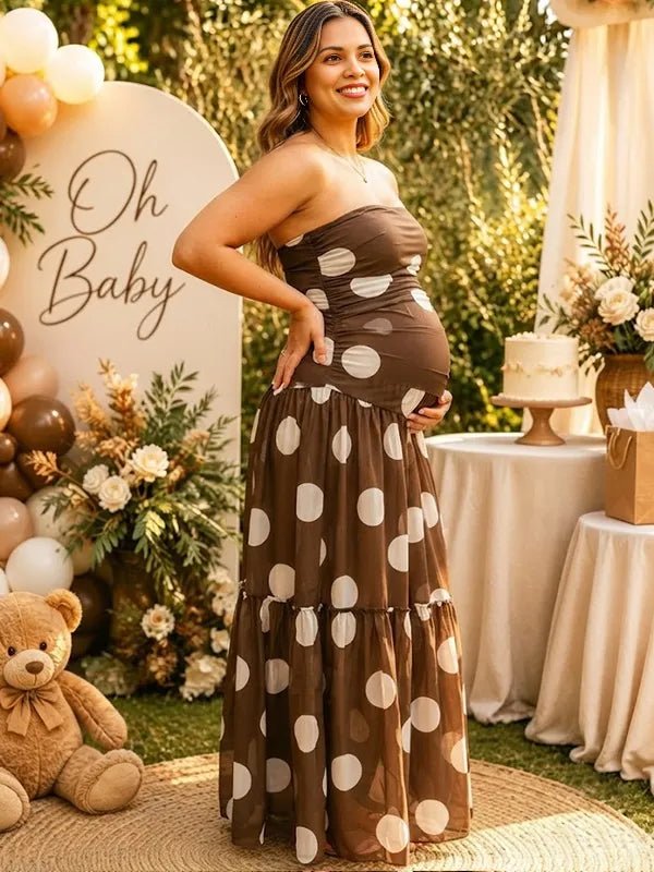Momyknows Brown Open Back Off Shoulder Tulle Tutu Ombre Maternity Baby Shower Maxi Dress - Brown - 2