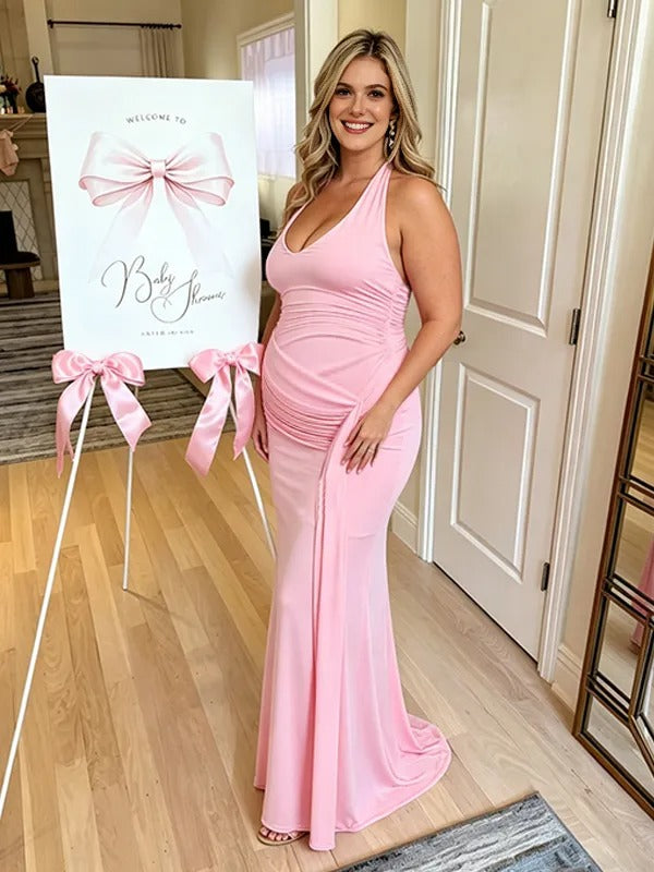 Momyknows Pink Ruched Belt Maternity Baby Shower Maxi Dress