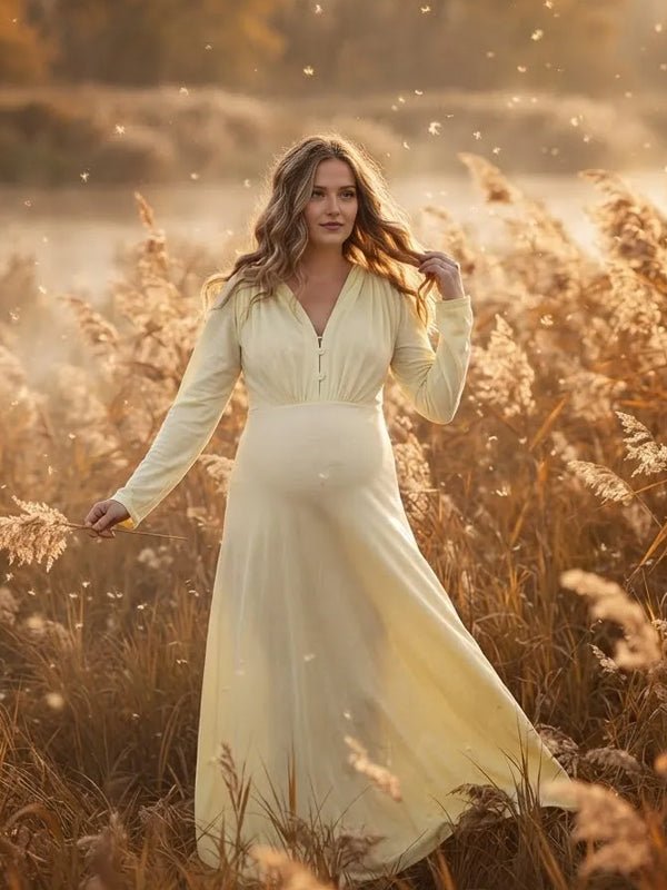 Momyknows Deep V Ruched Sheer Bodycon Maternity Photoshoot Maxi Dress - Yellow - 5