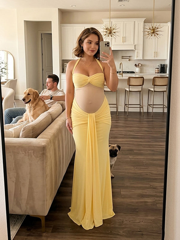 Momyknows Chic Yellow Mesh Backless Ruched Draped Halter Neck Maternity Maxi Dress
