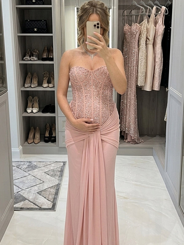 Momyknows Elegant Pink Sequin Bandeau Ruched Side Draped Bodycon Mermaid Baby Shower Maternity Maxi Dress