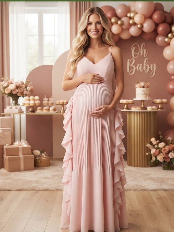 Momyknows Spaghetti Strap Ruffle Draped Hem Big Swing Backless Maternity Baby Shower Maxi Dress - Pink - 1
