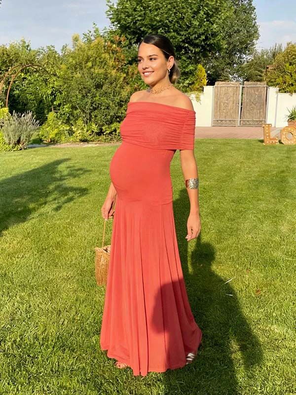 Momyknows Chic Mesh Off Shoulder Draped Cocktail Maternity Maxi Dress, Brown / M