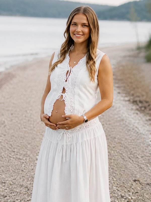 Momyknows White Lace Up Openwork Lace Two Piece Maternity Photoshoot Maxi Dress