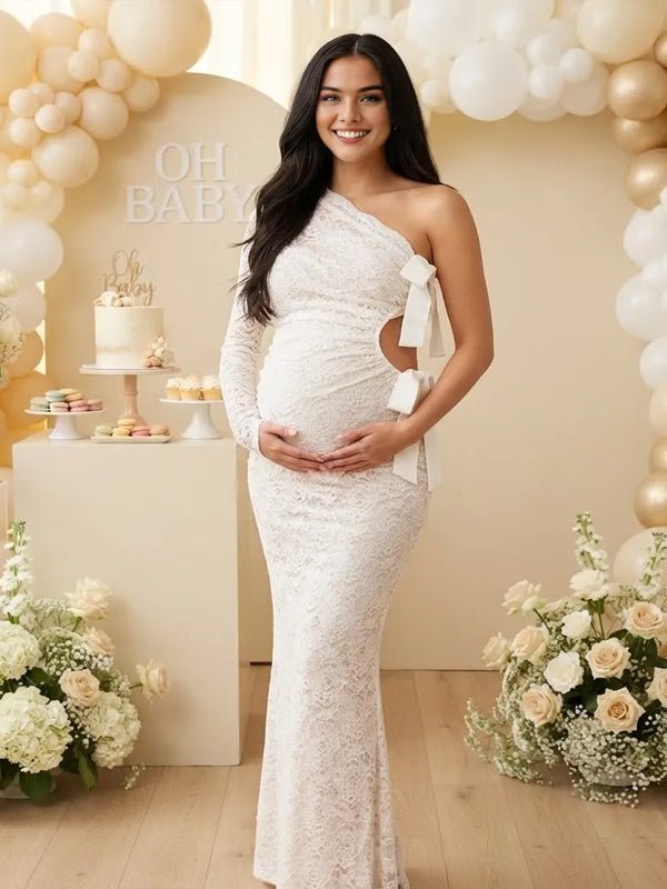 Momyknows White Oblique Shoulder Crop Top Bowknot Lace Maternity Baby Shower Maxi Dress - White - 4