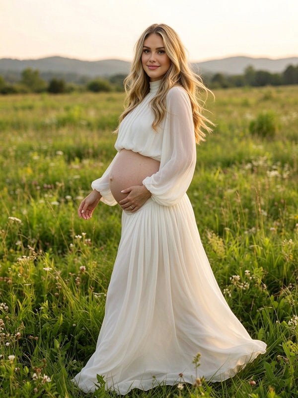 White Maternity Maxi Dress with High Neck and Open Back