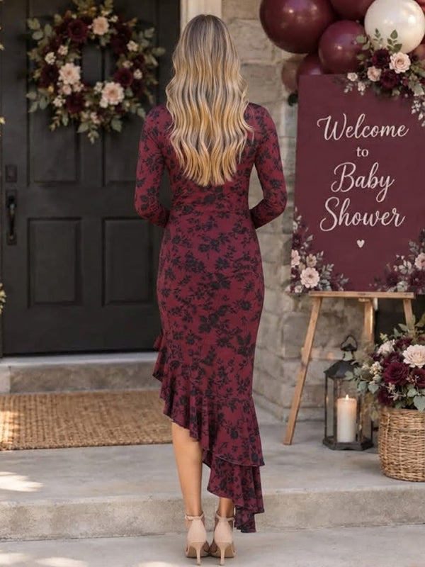 Wine Red Irregular Print Maternity Maxi Dress with Ruffle Accents and Asymmetric Hem