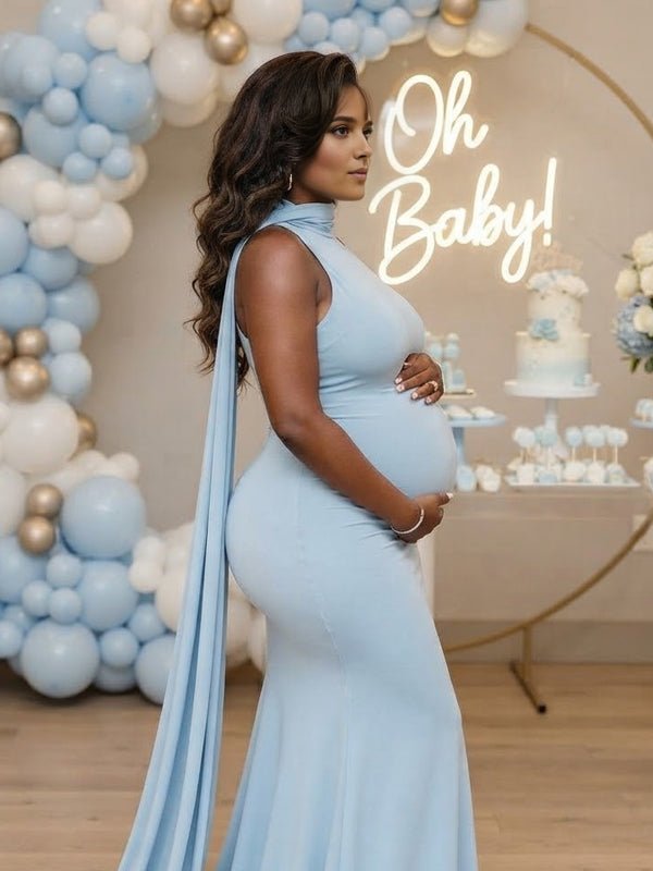 Momyknows High Neck Ribbon Trumpet Ruched Maternity Baby Shower Maxi Dress - Blue - 5