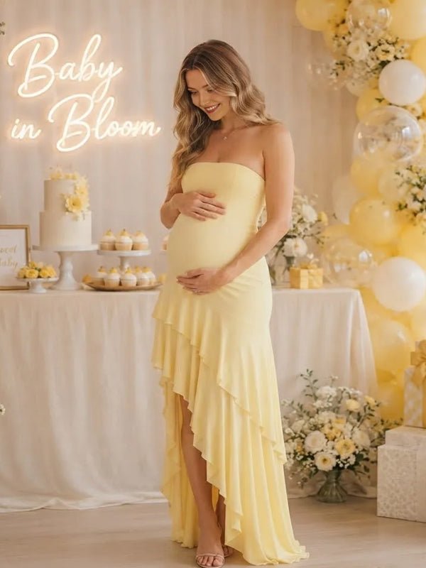 Momyknows Ruffle Side Slit Trumpet Big Swing Maternity Baby Shower Maxi Dress - Yellow - 5