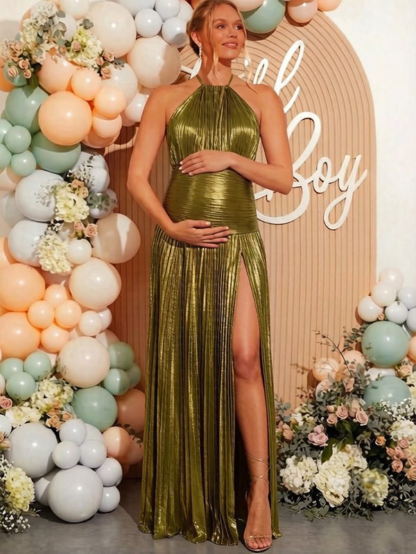 Momyknows Golden Pleated Side Slit Open Back Baby Shower Maternity Maxi Dress, Golden / S