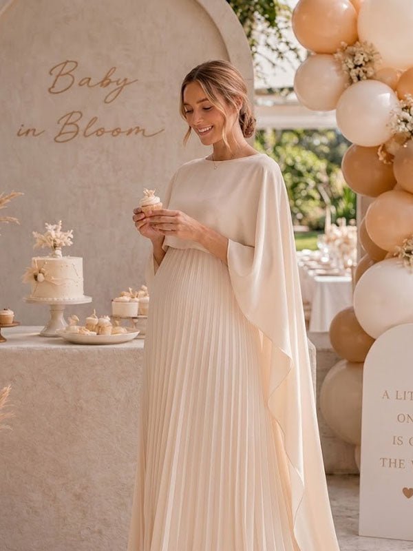 Momyknows Elegant Beige 2-in-1 Pleated Flowy Irregular Baby Shower Maternity Maxi Dress - Beige - 3