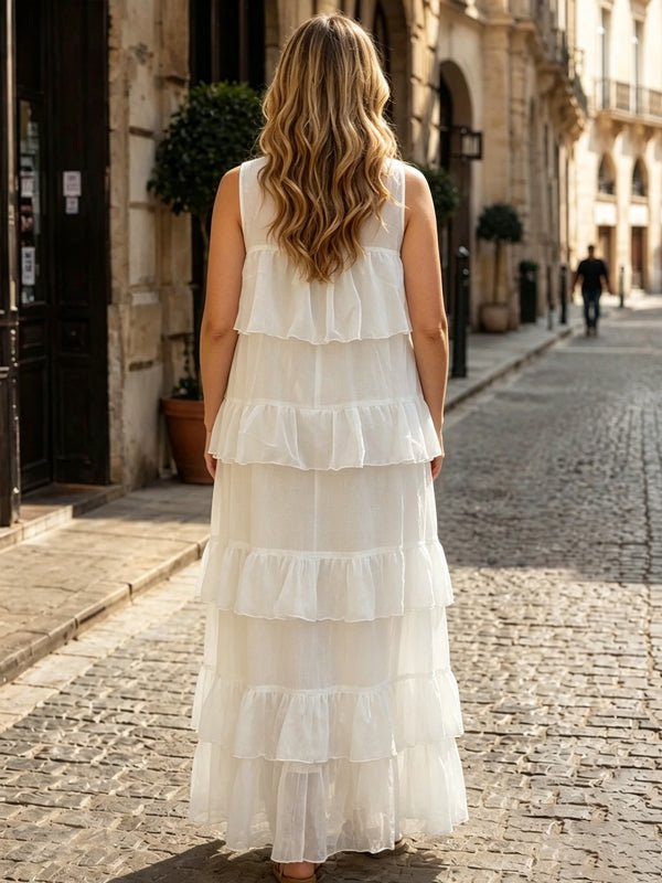 Momyknows Ivory-White Falbala Backless Solid Color Maternity Photoshoot Maxi Dress - Ivory-White - 3