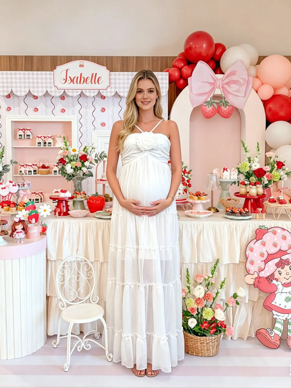 Momyknows White Spaghetti Strap 3D Flower Cowl Maternity Babyshower Midi Dress