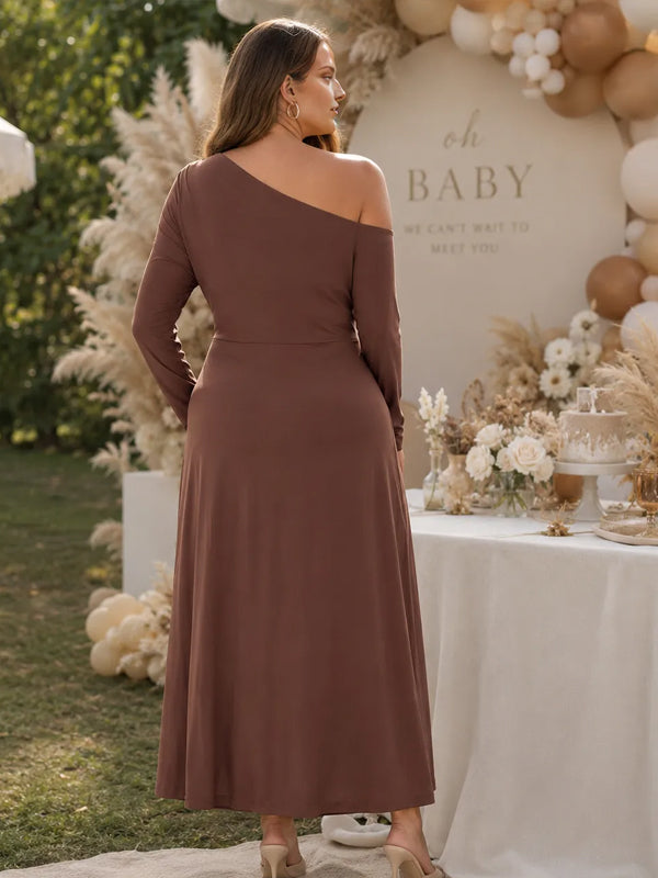Brown Maternity Maxi Dress with Ruched Design and Oblique Shoulder Style