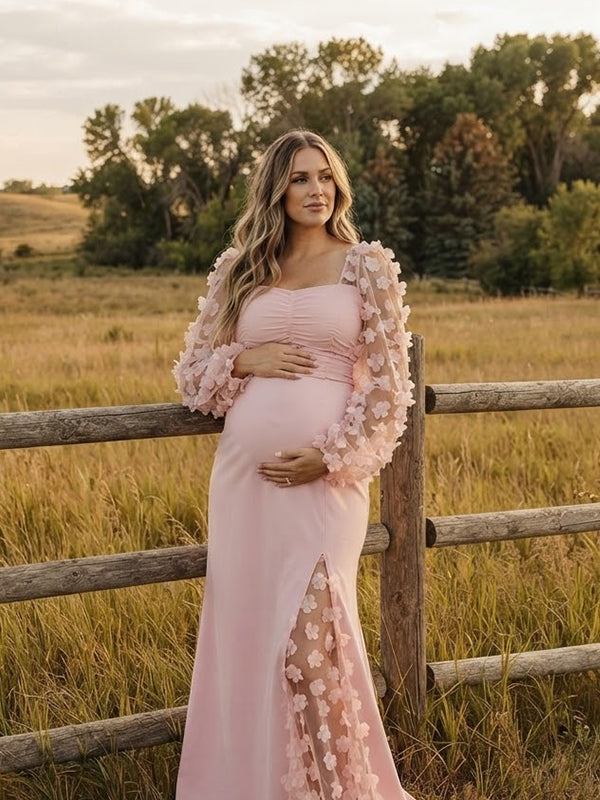 Pink Elegant Lace Maternity Maxi Dress with Ruched Detail and 3D Flower Accents