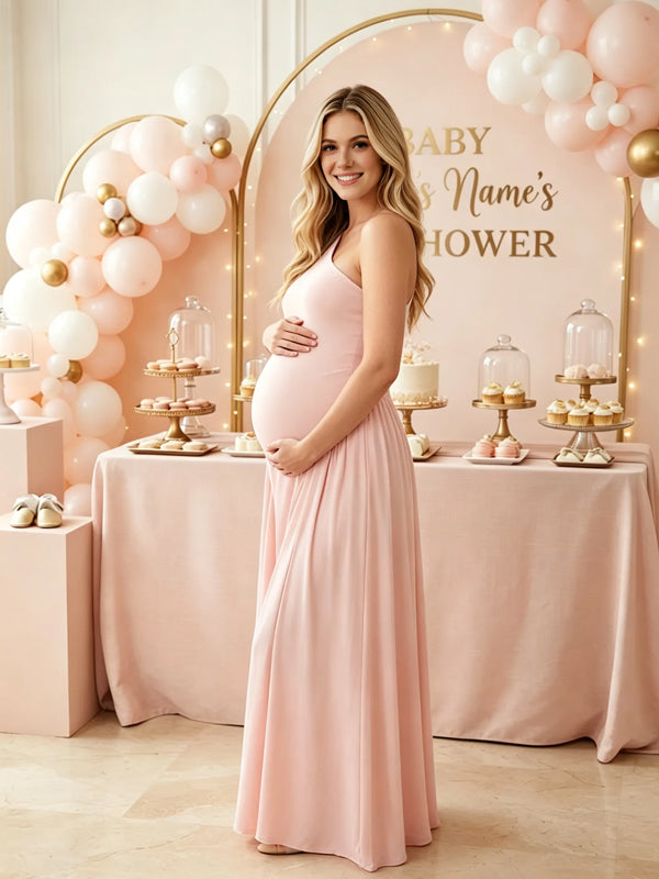 Pink Oblique-Shoulder Maternity Dress with Pleated Details and Loose-Fitting Design