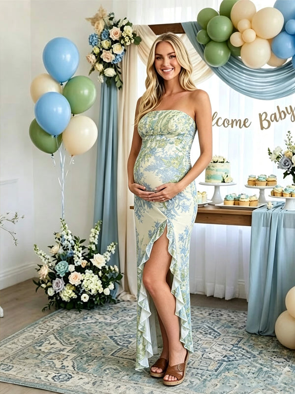 Momyknows Bandeau Print Slit Flouncy Maternity Baby Shower Midi Dress