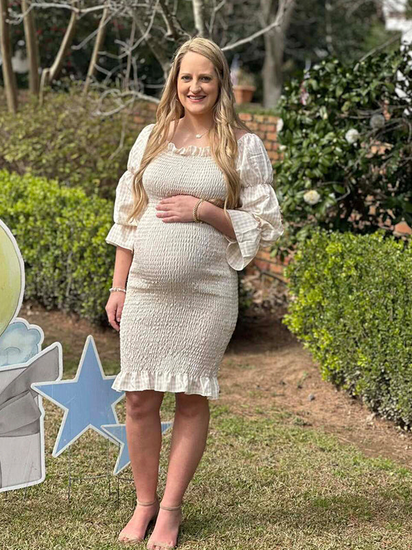 Momyknows Ruffle Off Shoulder Long Sleeve Bodycon Baby Shower Maternity Midi Dress