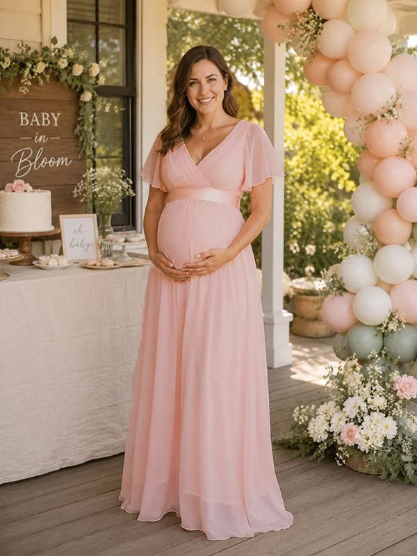 Momyknows Elegant Pink Flare Sleeve Tulle A-Line Flowy Baby Shower Maternity Maxi Dress