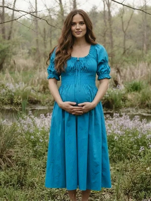 Momyknows Smocked Lace Up Ruffle Puff Sleeve Maternity Photoshoot Midi Dress - Blue - 5