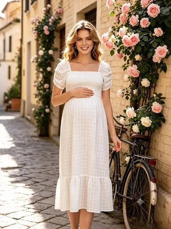 Momyknows White Square Neck Flannel Puff Sleeve Daily Maternity Photoshoot Midi Dress - White - 1