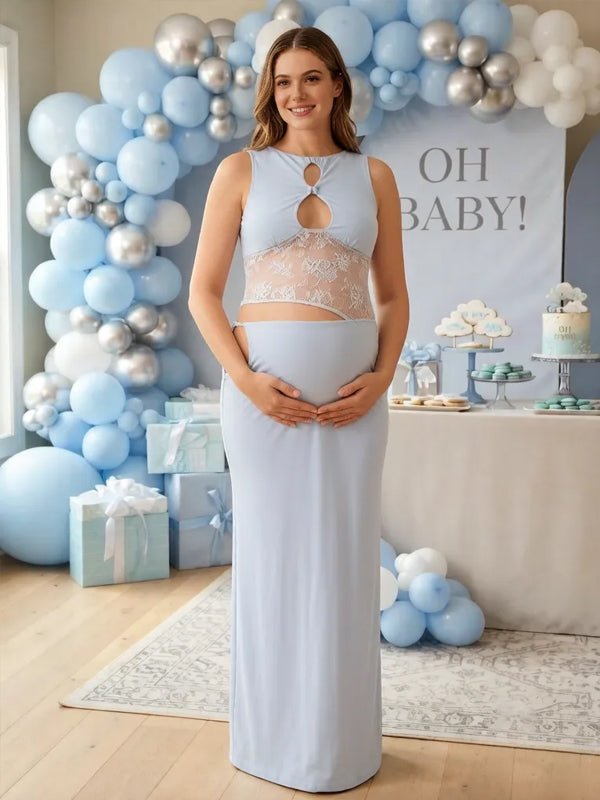 Momyknows Lace Print Cut Out Backless Solid Color Maternity Baby Shower Maxi Dress - Blue - 1