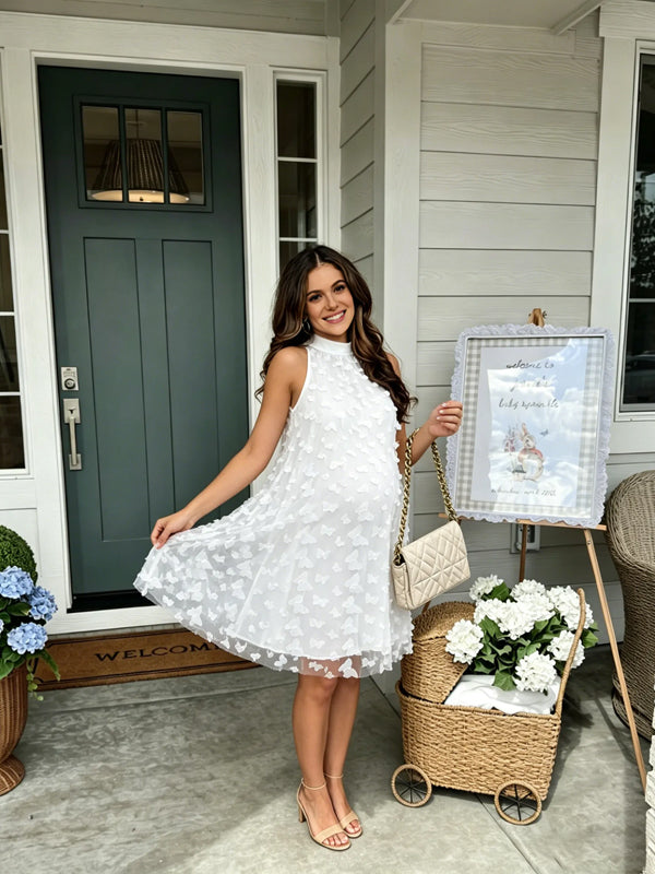 Momyknows White Halter Neck Double layer Grenadine A-Line Maternity Babyshower Mini Dress Momyknows White Halter Neck Double layer Grenadine A-Line Maternity Babyshower Mini Dress