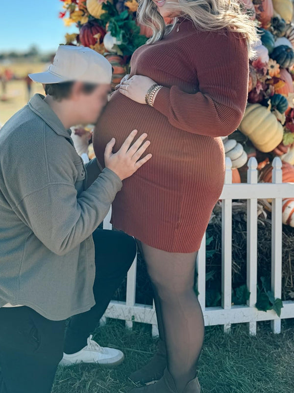Orange High Neck Crochet Maternity Sweater Mini Dress