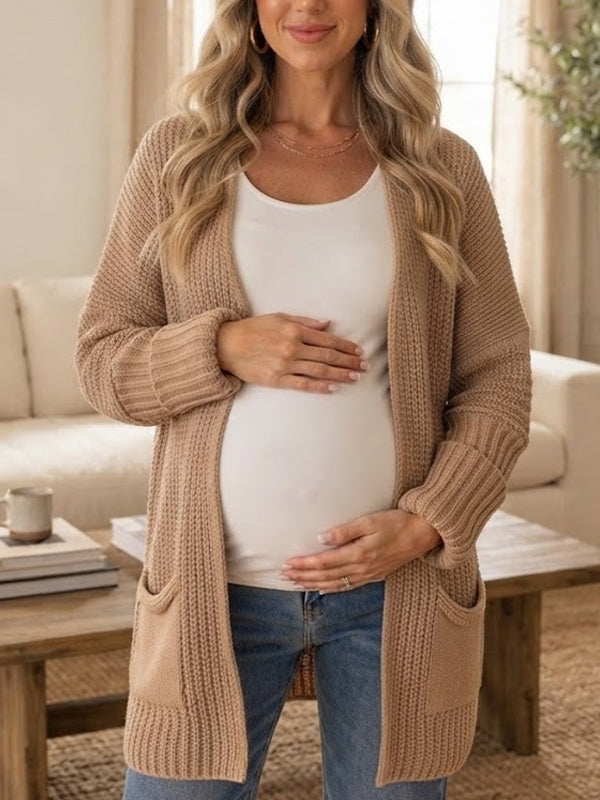 Khaki Maternity Top with Open-Front Knit Design and Pocket Details and Relaxed Fit, Home Lounge