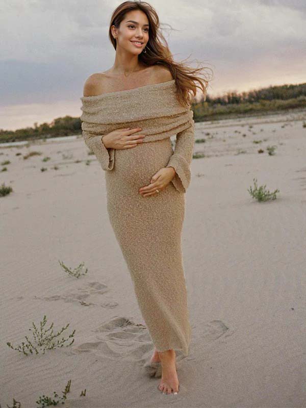 Momyknows Solid Color Off Shoulder Hollow Out Knitwear Bodycon Beach Vacation Dress Baby Shower Maternity Maxi Dress