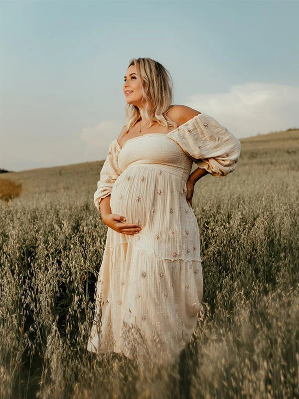 Momyknows Apricot Daisy Print Embroidery Smocked Off Shoulder Ruffle Big Swing Elegant Vacation Maternity Photoshoot Baby Shower Party Maxi Dress Momyknows Apricot Daisy Print Embroidery Smocked Off Shoulder Ruffle Big Swing Elegant Vacation Maternity Photoshoot Baby Shower Party Maxi Dress