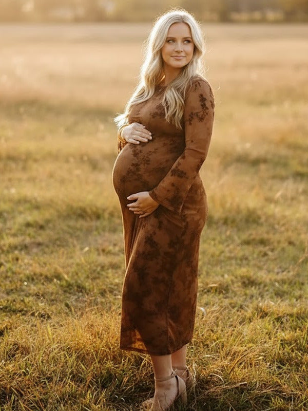 Momyknows Dark Brown Printed Mesh Ruffle Ruched Boho Maternity Maxi Dress Dark Brown / S Momyknows Dark Brown Printed Mesh Ruffle Ruched Boho Maternity Maxi Dress Dark Brown / S