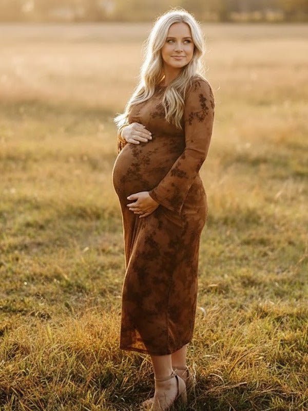 Momyknows Dark Brown Printed Mesh Ruffle Ruched Boho Maternity Maxi Dress, Dark Brown / M