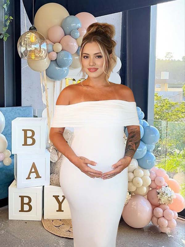 Momyknows White Ruched Off Shoulder Backless Bodycon Elegant Maternity Gender Reveal Maxi Dress