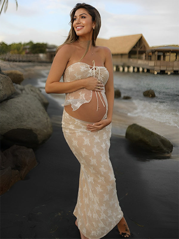 Momyknows 2 Piece Lace Tube Tie Ruffle Elegant Fashion Bodycon Vacation Photoshoot Baby Shower Maternity Maxi Dress