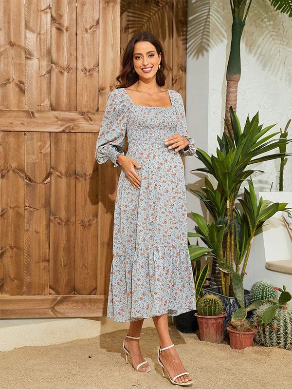 Momyknows Chiffon Floral Print Ruffle High Waist Boutique Holiday Sweet Maternity Maxi Dress, Blue / M