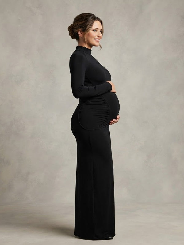 Black Ruched Maternity Maxi Dress with Elegant High Neck Design and Flattering Shape