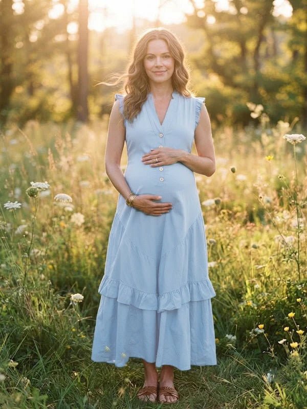 Momyknows Ruffle Button Falbala Big Swing Maternity Photoshoot Maxi Dress - Blue - 5