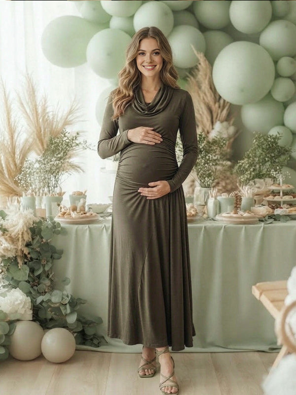 Momyknows Olive Long Sleeve Ruffle Halter Neck Babyshower Maternity Maxi Dress