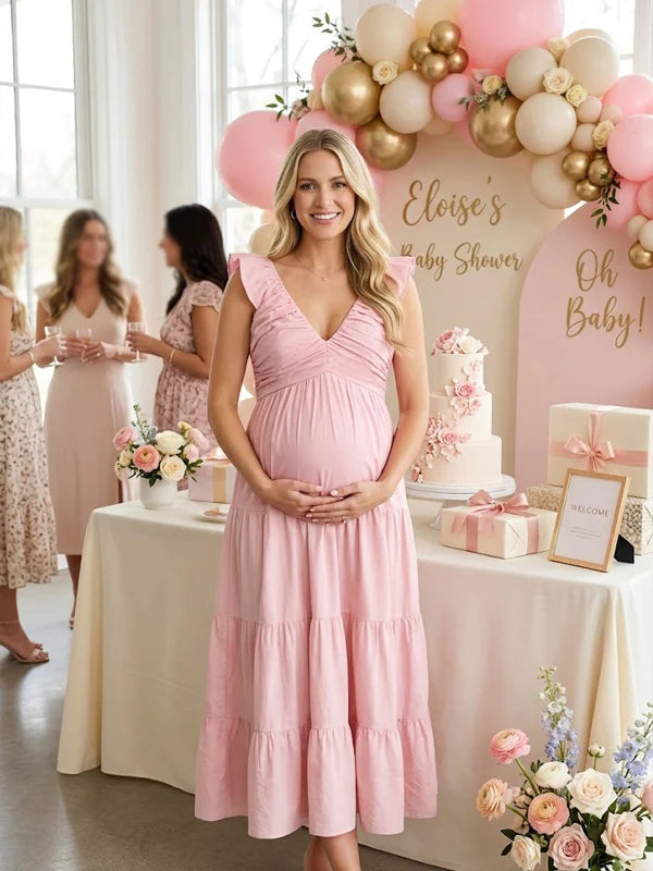 Momyknows Pink Ruffle Ruched Big Swing Maternity Maxi Dress