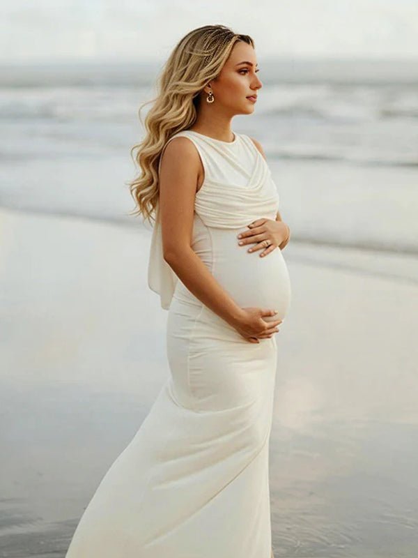 Momyknows Chic Apricot Side Slit Ruched Knot Backless Side Draped Photoshoot Maternity Maxi Dress