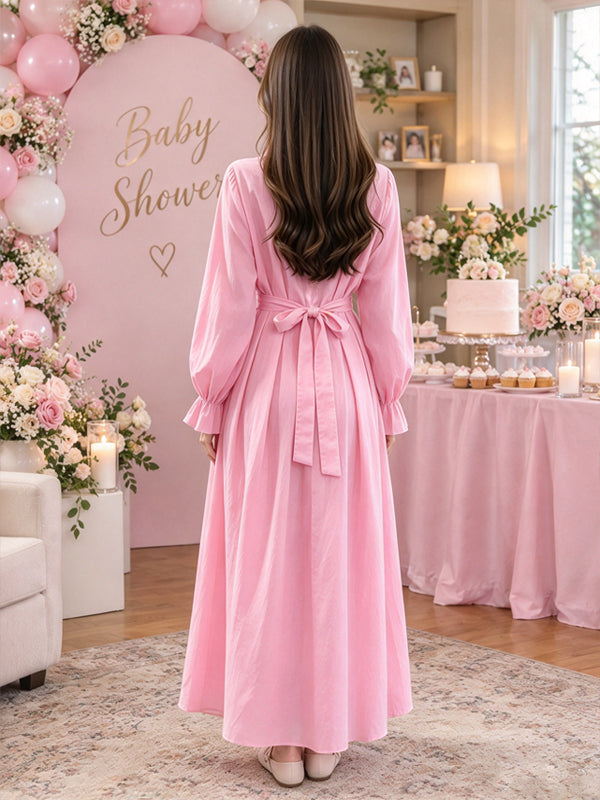 Pink Ruched Maternity Maxi Dress with Button Accents and Elegant Ruffle Trim