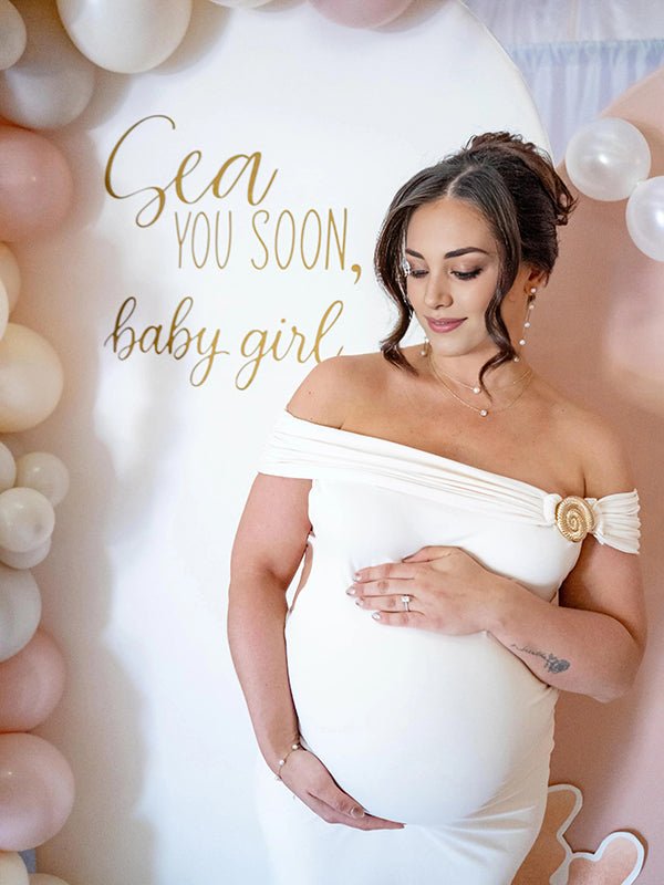 Momyknows Chic White Off Shoulder Backless Mermaid Bodycon Studded Baby Shower Maternity Maxi Dress - White - 2