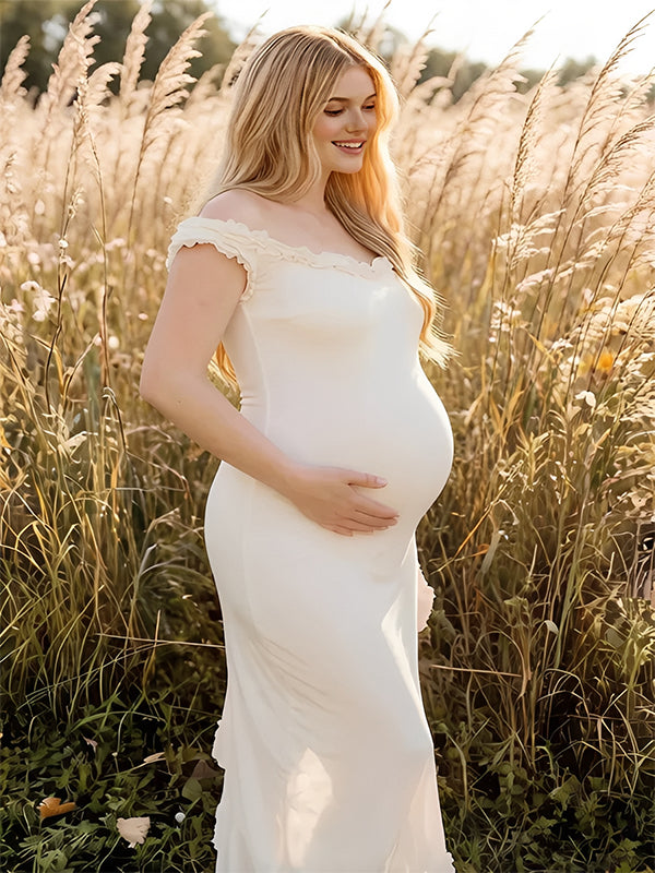 Momyknows White Boat Neck ruffle Bodycon Maternity  Photoshoot Midi Dress