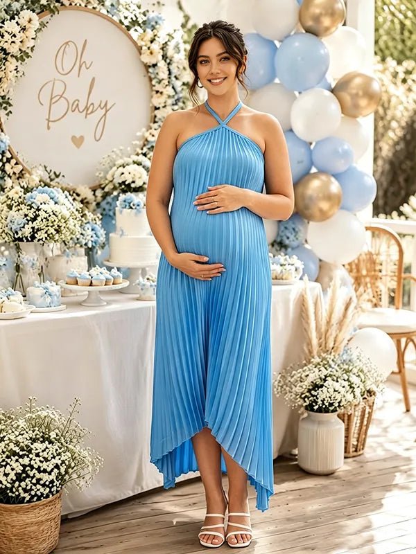 Momyknows Blue Halter Neck Ruched Lace-Up Open Back Maternity Baby Shower Maxi Dress - Blue - 2